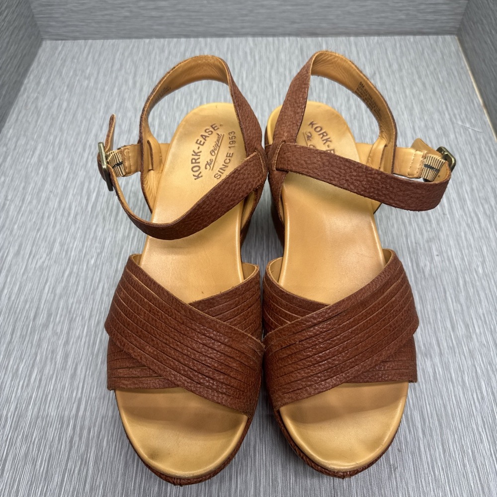 Kork-Ease Brown Leather Wedge Heels Ankle Strap Platform Sandals‎ Women's 9